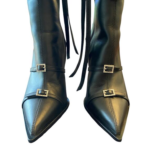 God Save Queens Rendezvous Embellished Boots Knee High Pointed Toe Black Sz EU39 - Picture 9 of 16